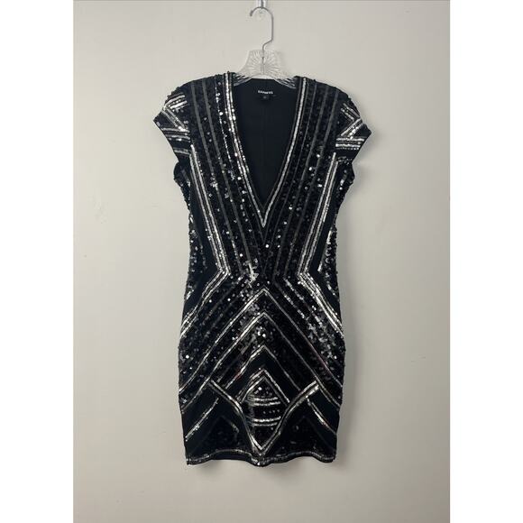Express Sequin Bodycon Mini Sheath Dress Small Deep V Stretch Cocktail Evening - Picture 1 of 12